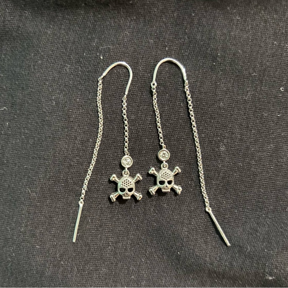 White gold skull threader earrings with diamonds